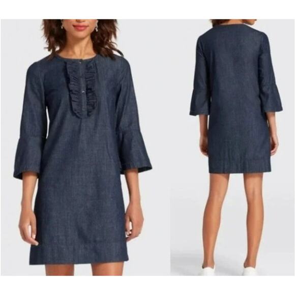 Draper James Chambray Ruffle Denim Shift Dress Jean 4 Small 100% Cotton - Picture 1 of 7
